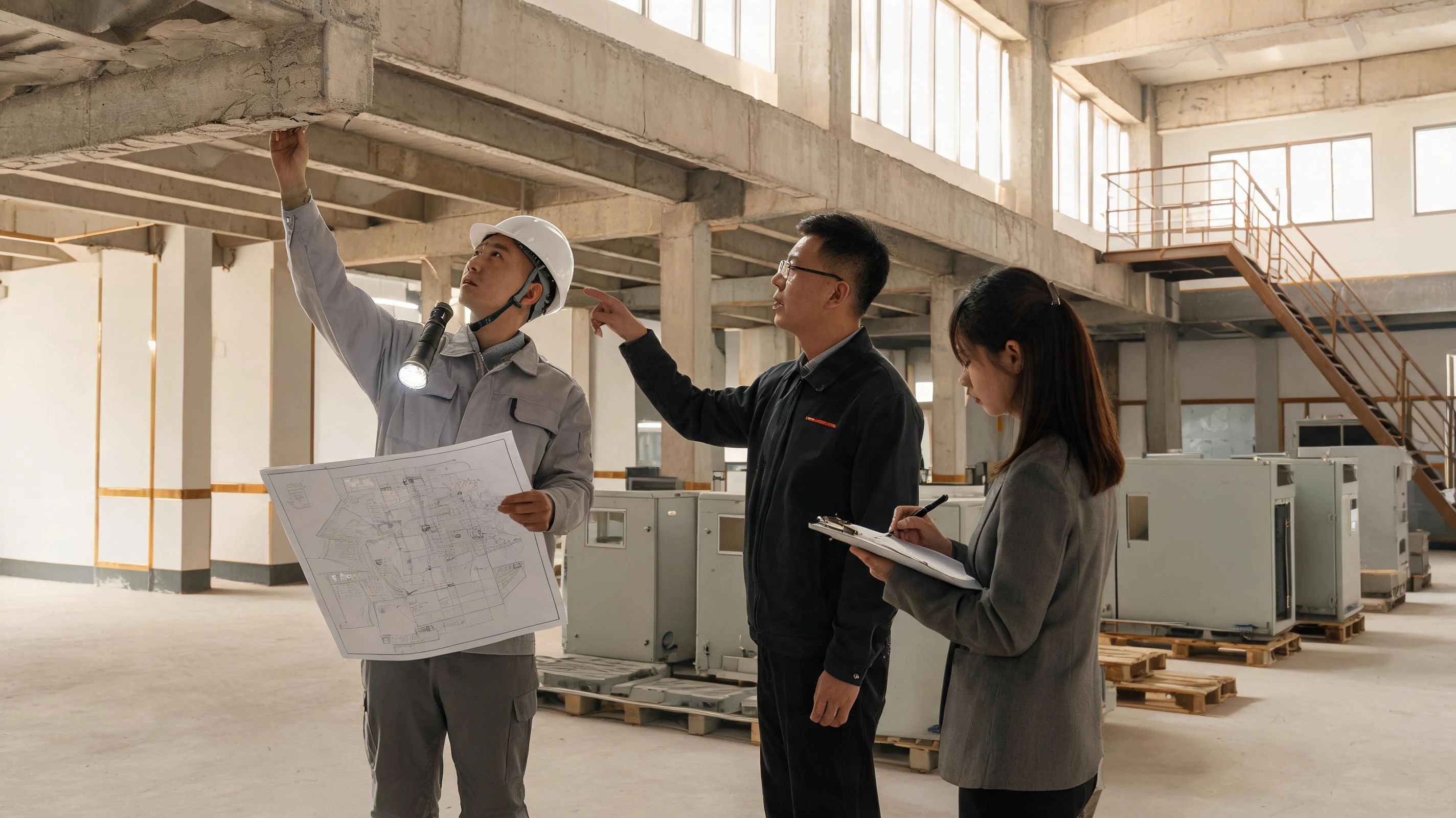旧厂房结构承重与加固文章封面：工程人员与客户在旧厂房内查看楼板与梁柱并核对图纸