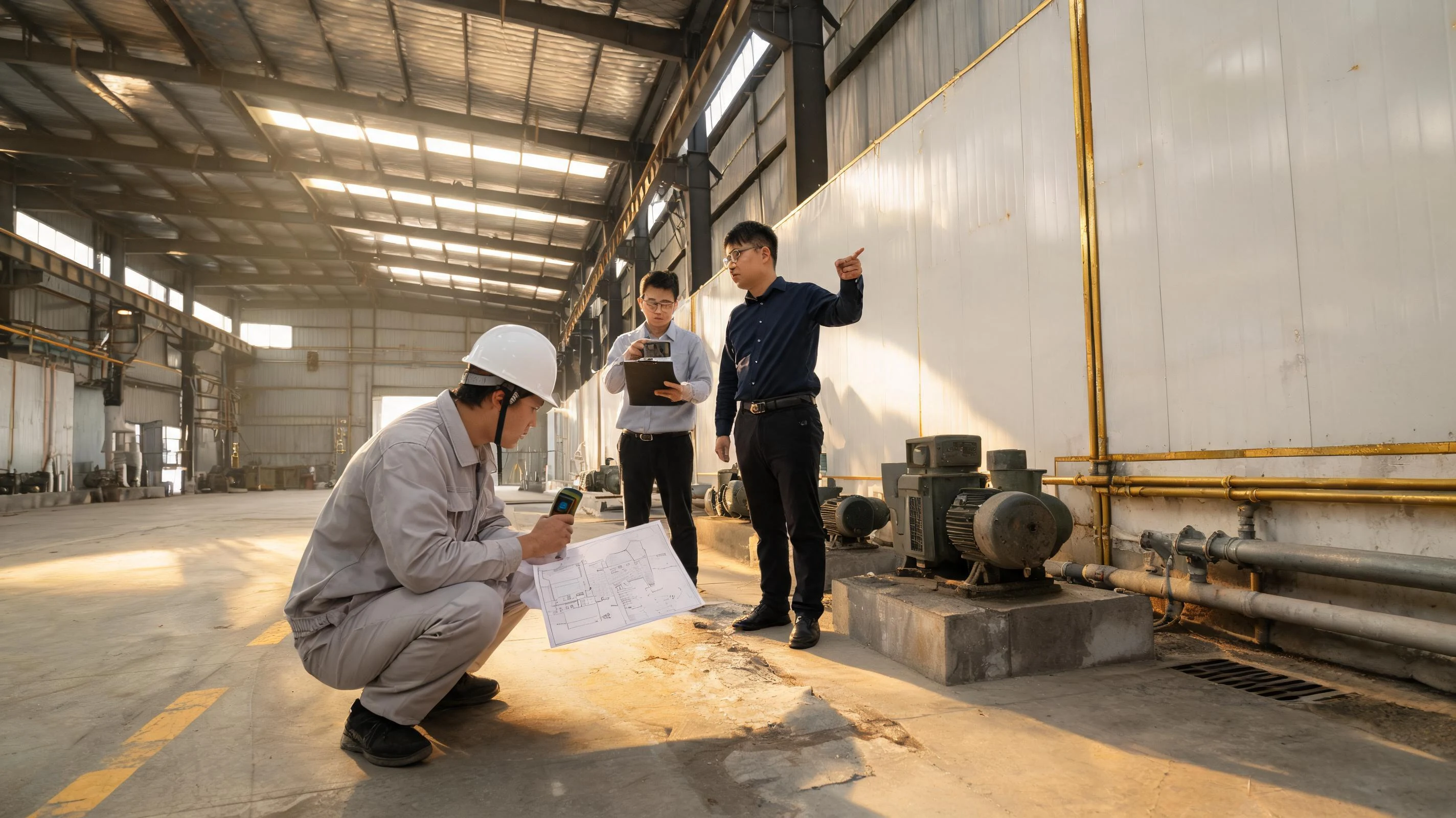 厂房装修开工前现场勘查文章封面：亨立工程人员与客户在旧厂房内测量并核对现场条件
