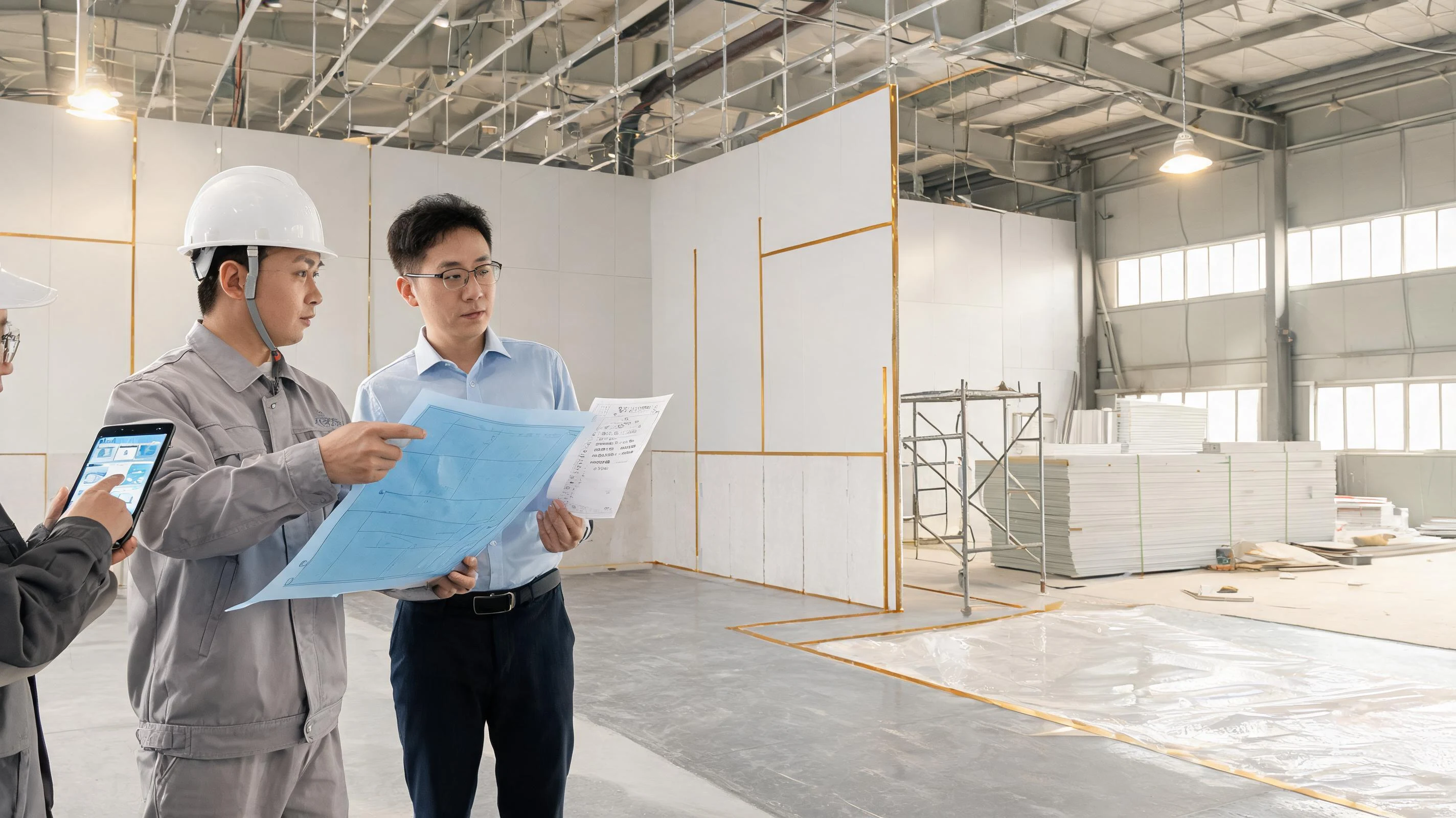 厂房装修施工中设计变更文章封面：亨立工程人员与客户在半成品车间内讨论变更方案