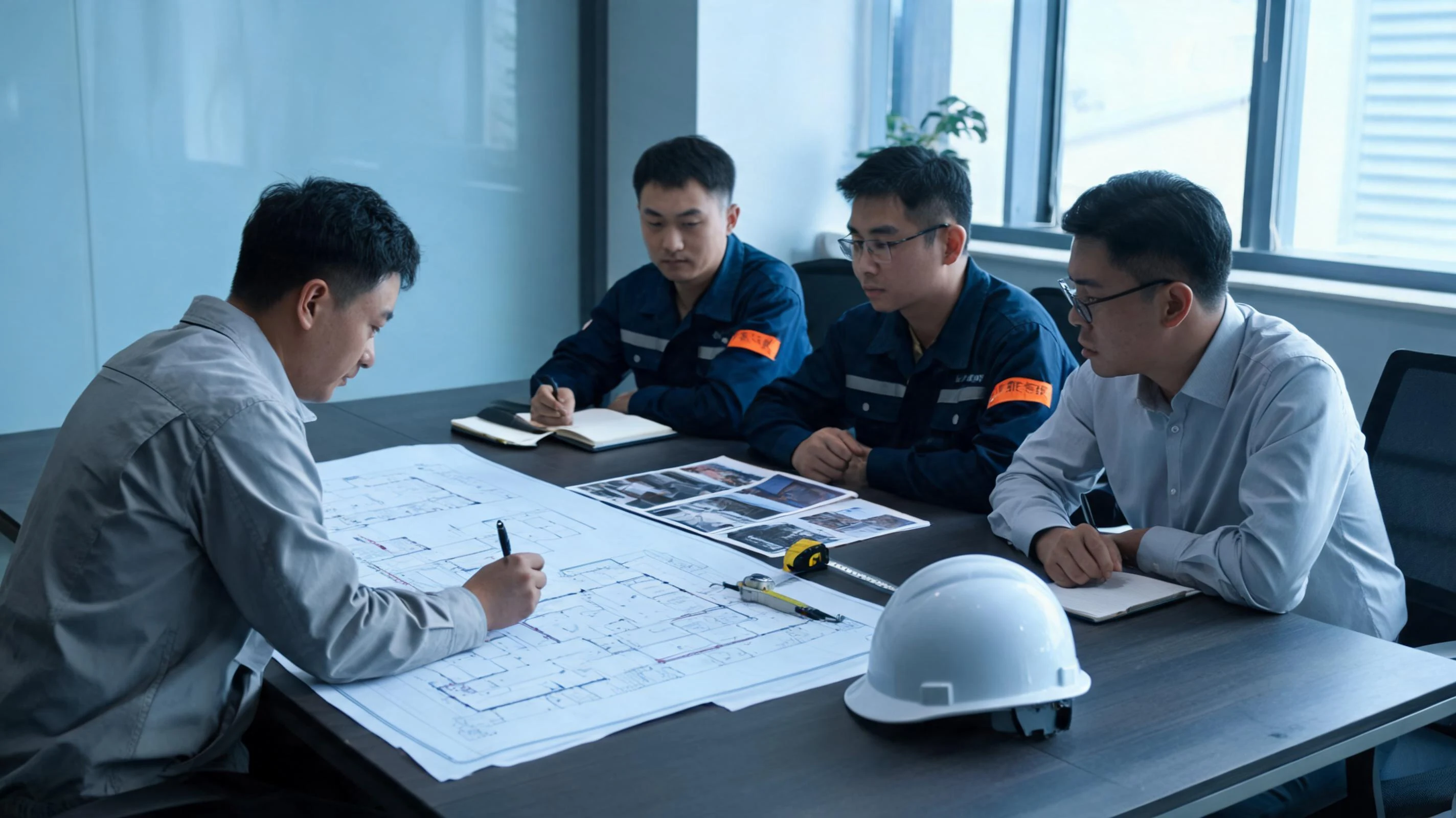 文章封面：亨立工程人员与客户生产、厂务、行政三方代表围在厂房图纸前逐条确认装修需求