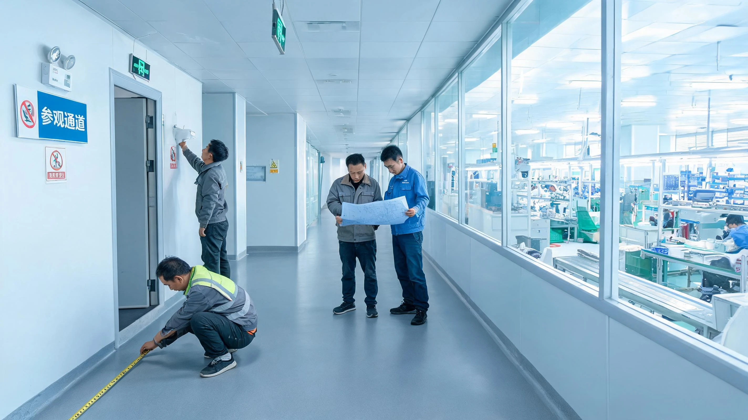 文章封面：厂房验厂参观通道准备现场，亨立工程人员与客户方核对通道与参观动线