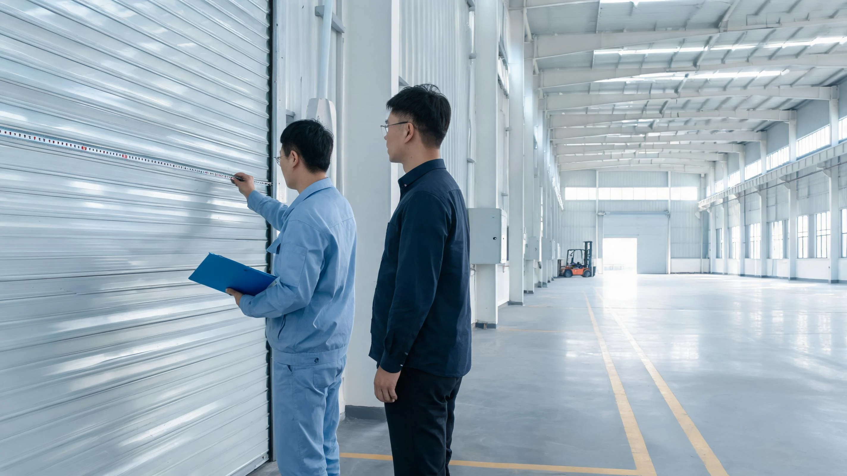 文章封面：新建标准厂房接房现场，工程人员与物业方持验收清单测量卷帘门净宽并核对交付条件