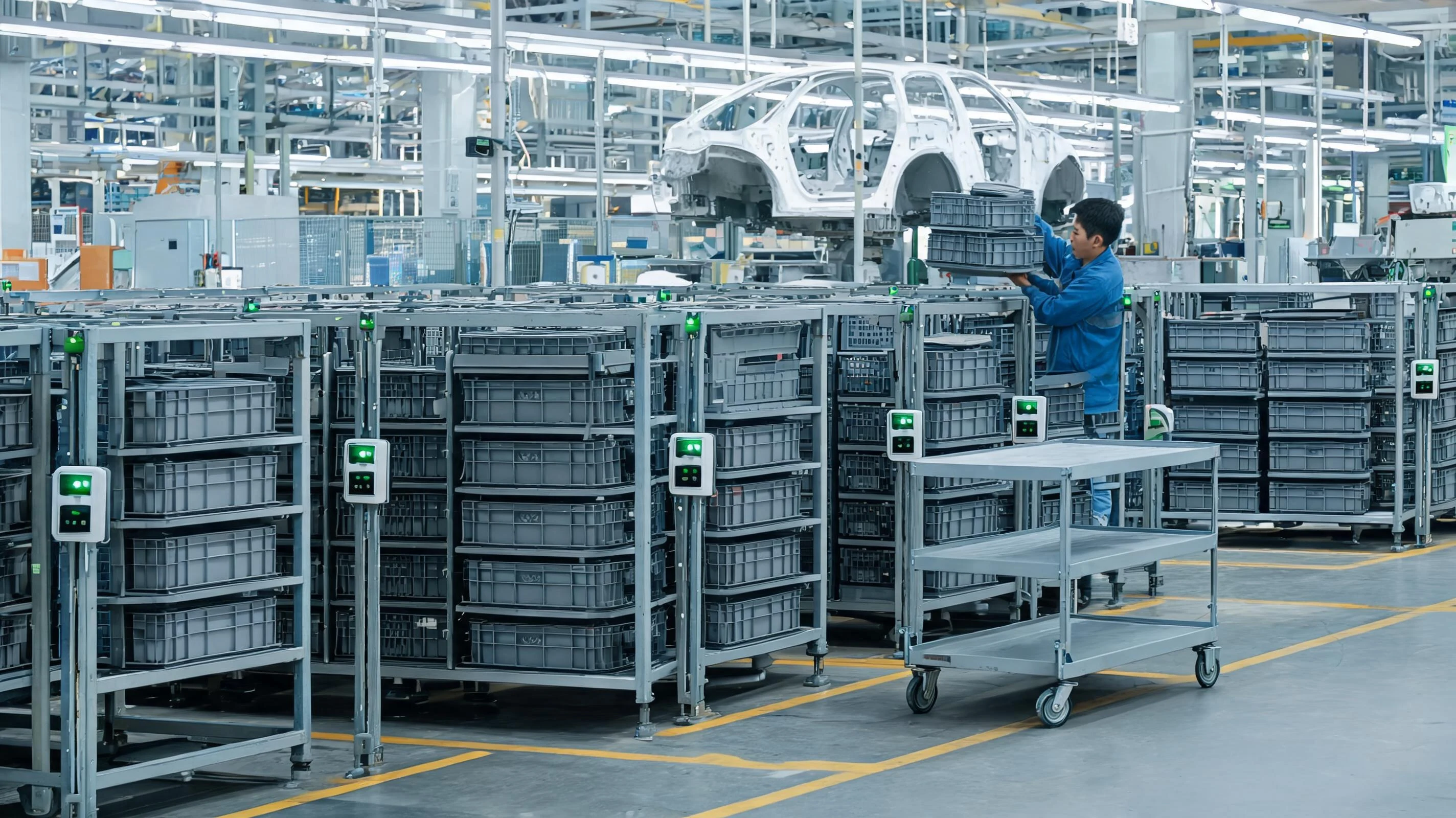 汽车总装线线边部品区:料架、呼叫按键与配送小车